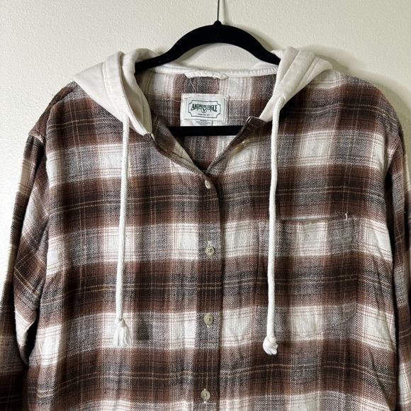 Y2K American Eagle Outfitters Flannel Plaid Button Up Hoodie Shirt Brown White M - Picture 2 of 8